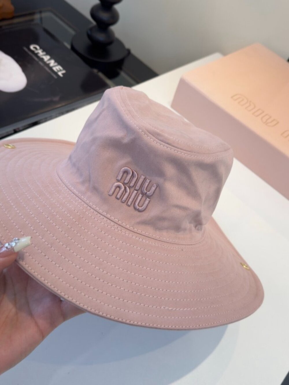 Miu Miu Blush Pink Embroidered Bucket Hat